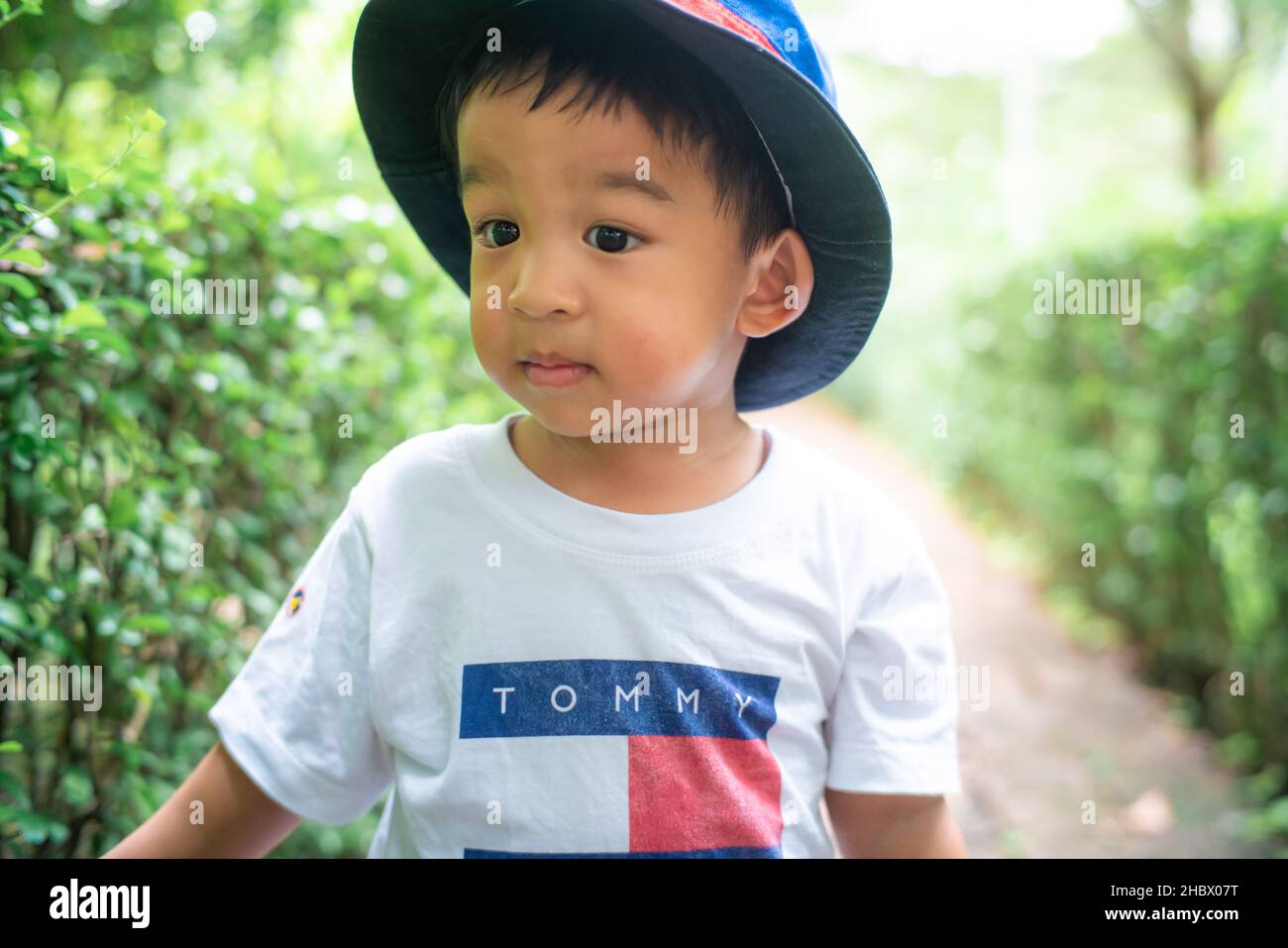 Little boy walking on pathway in home garden park green tree boy in nature Stock Photo Alamy