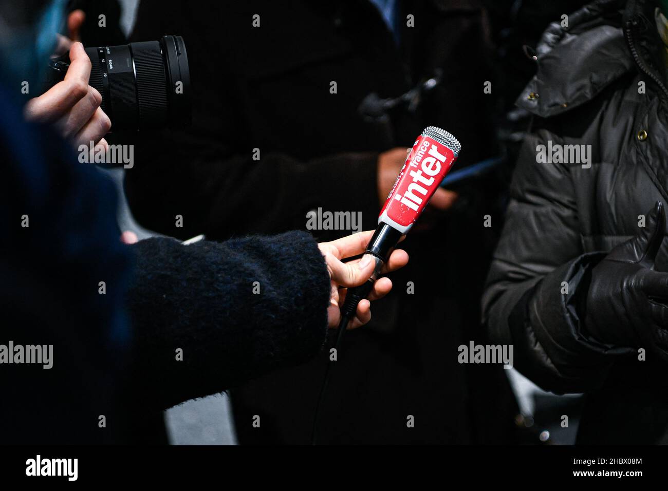 Paris, France, December 21, 2021, Microphone illustration (mic, mike,  micro) of French free-to-air radio news journalist channel "France Inter"  during a visit of former French Justice Minister Christiane Taubiraof  Cergy-Pontoise, near Paris,