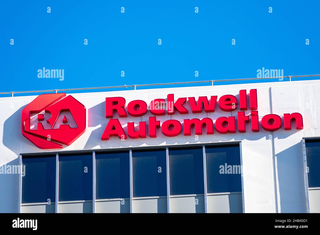 Rockwell Automation sign, logo on the facade of Silicon Valley office - San Jose, California, USA - 2021 Stock Photo