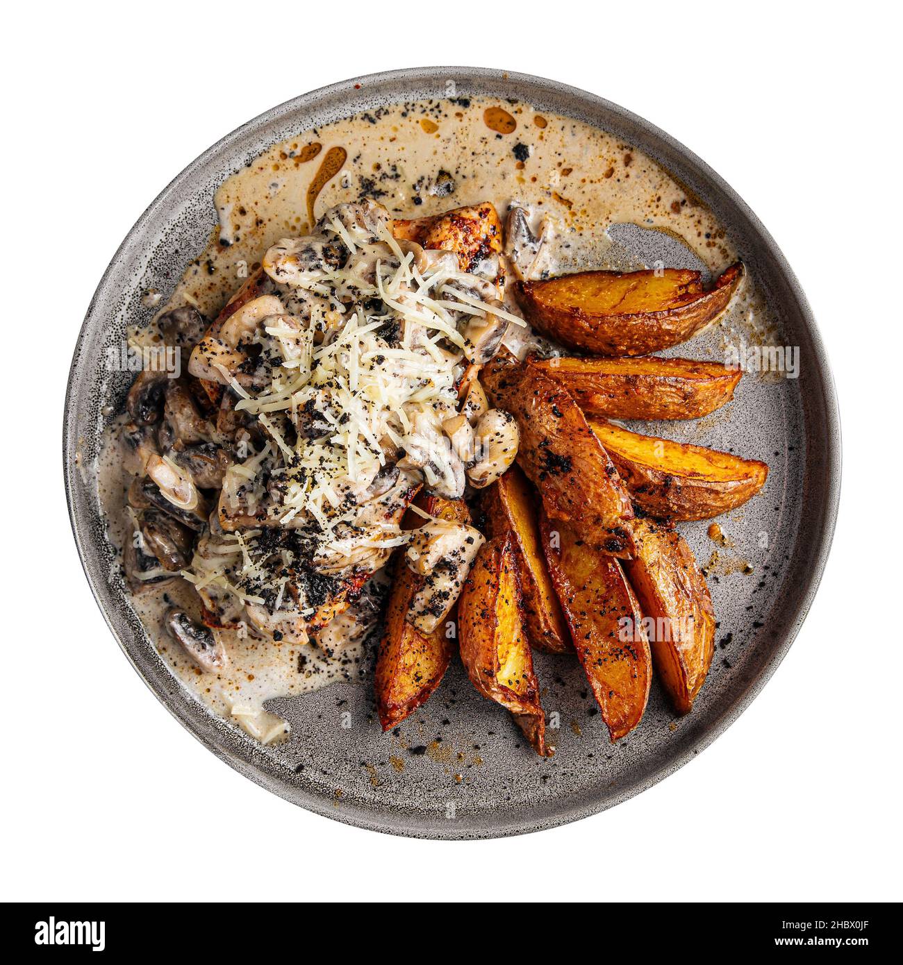 Isolated grilled chicken fillet and potato wedges Stock Photo Alamy