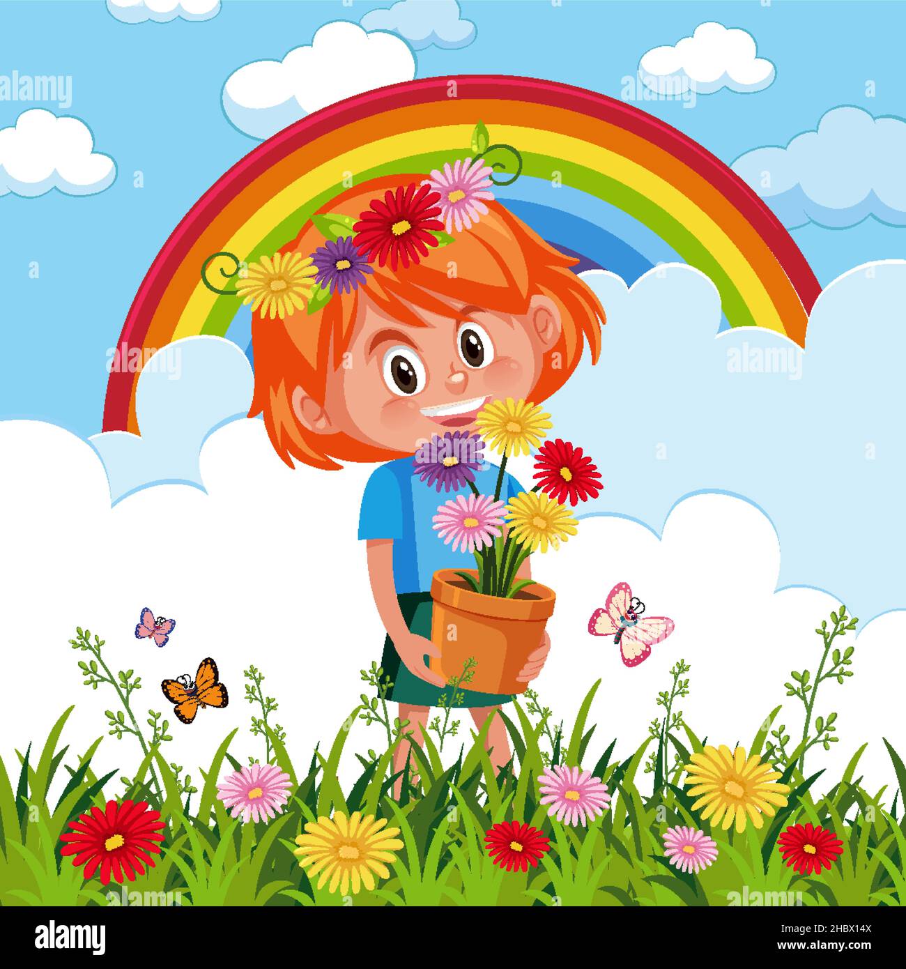 Happy girl holding flower pot in the garden illustration Stock Vector ...