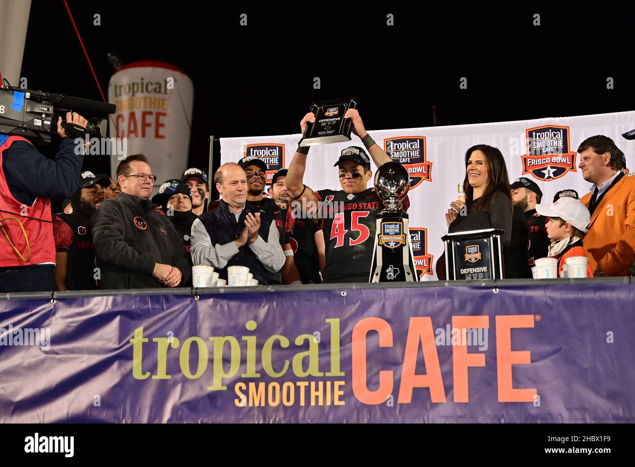 Frisco, Texas, December 21st, 2021:.San Diego State Aztecs wide receiver Jesse Matthews (45) is the Offense MVP after the game between the UTSA Roadrunners and the San Diego State Aztecs at the 2021 Frisco Smoothie Bowl game at Toyota Stadium in Frisco, Texas, December 21st, 2021.Manny Flores/CSM Stock Photo
