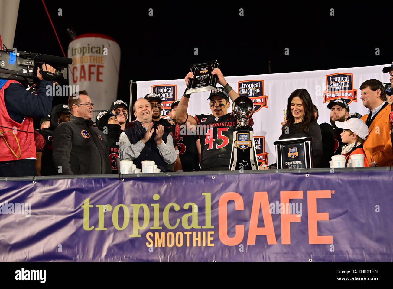 Frisco, Texas, December 21st, 2021:.San Diego State Aztecs wide receiver Jesse Matthews (45) is the Offense MVP after the game between the UTSA Roadrunners and the San Diego State Aztecs at the 2021 Frisco Smoothie Bowl game at Toyota Stadium in Frisco, Texas, December 21st, 2021.Manny Flores/CSM Stock Photo