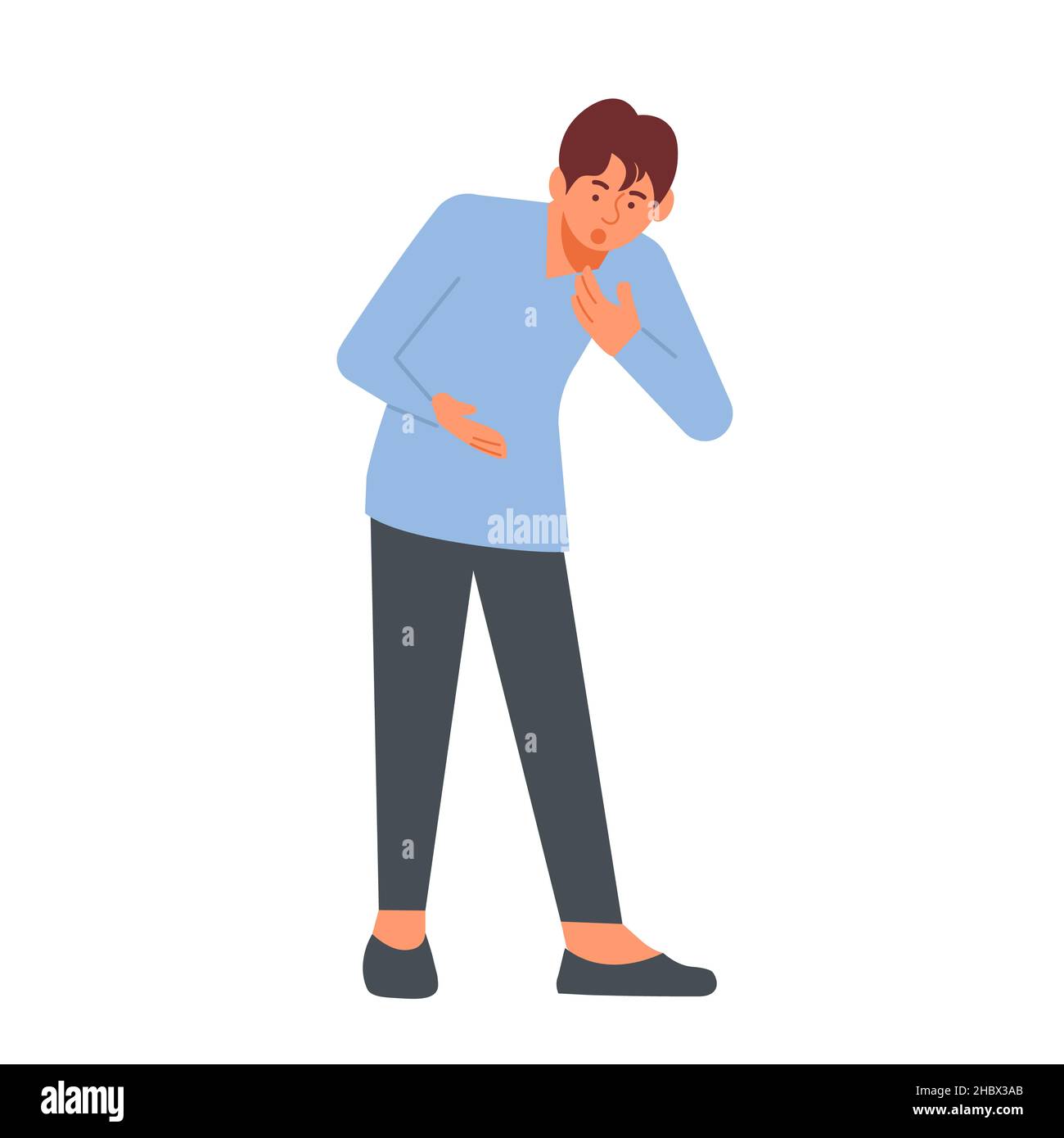 Sick vomiting man is standing. Character suffering from nausea, vomit