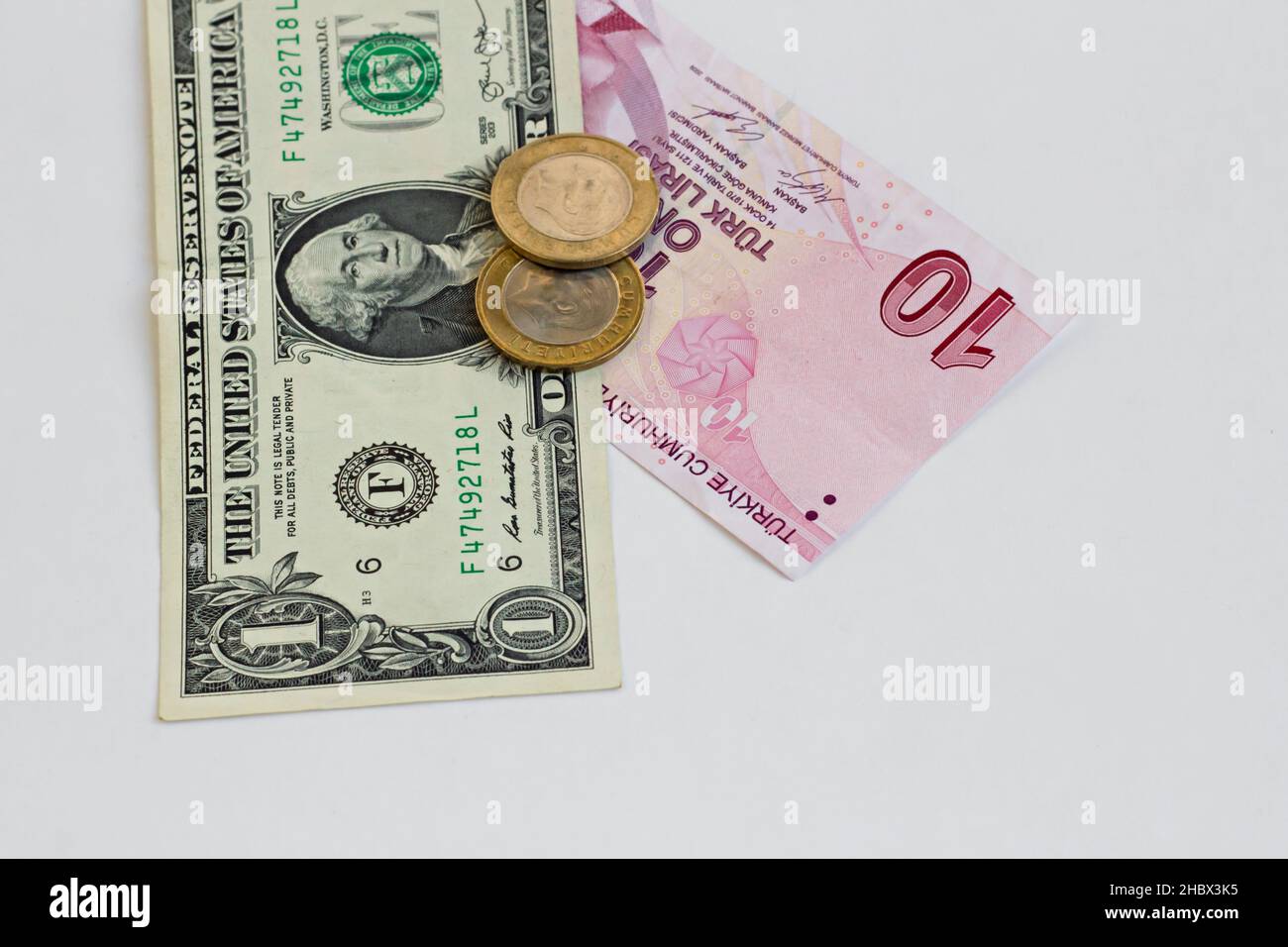 Ten Lira Banknote Of Turkish Liras on the white surface with one dollar