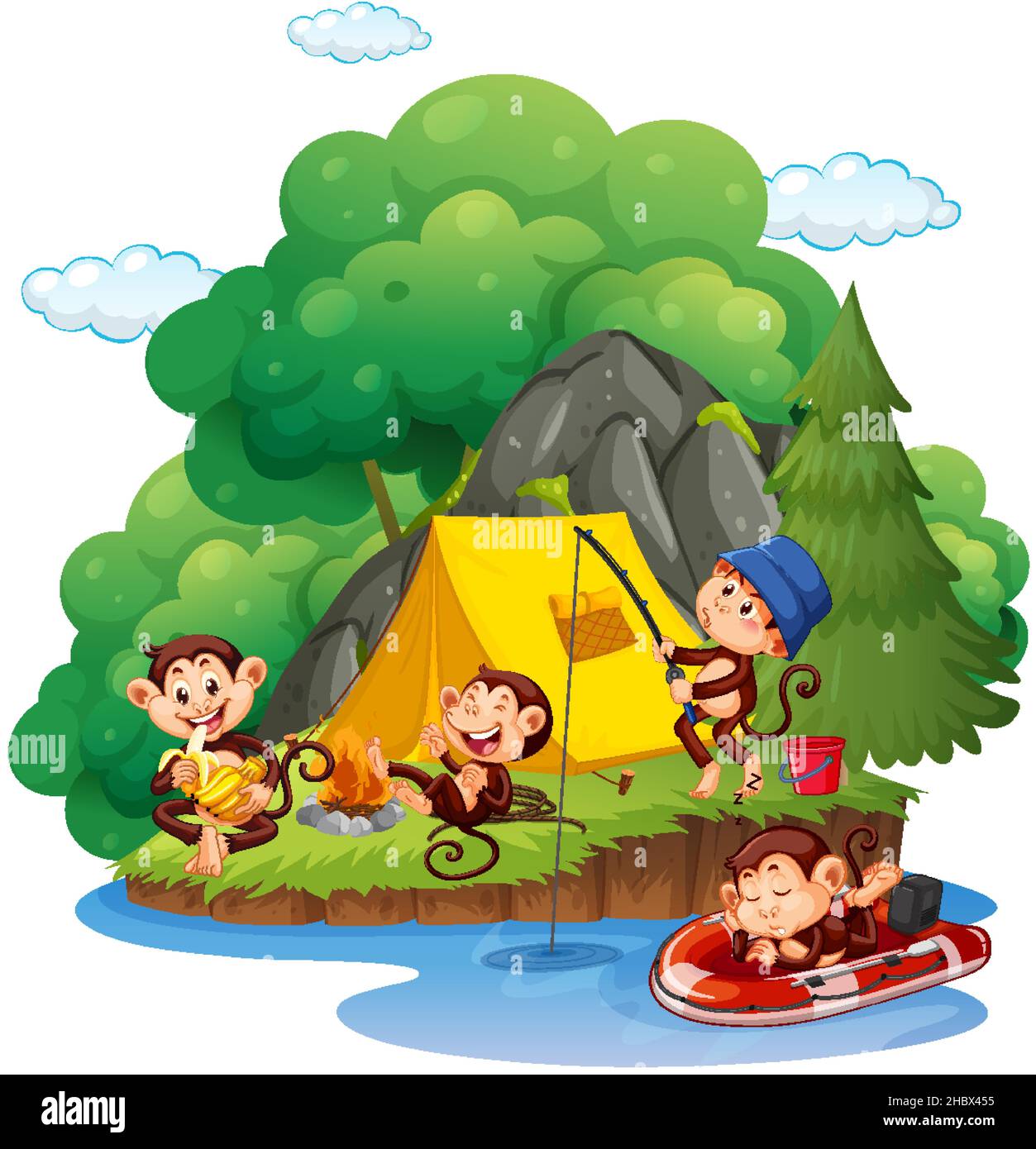 Isolated forest with monkeys camping illustration Stock Vector
