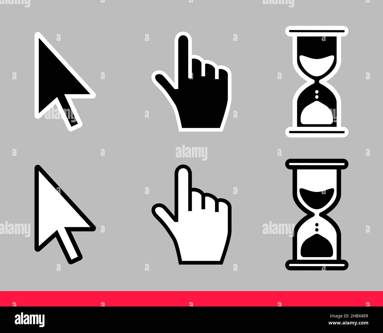 Pointer hand, arrow and hourglass loading clock mouse cursors icon sign
