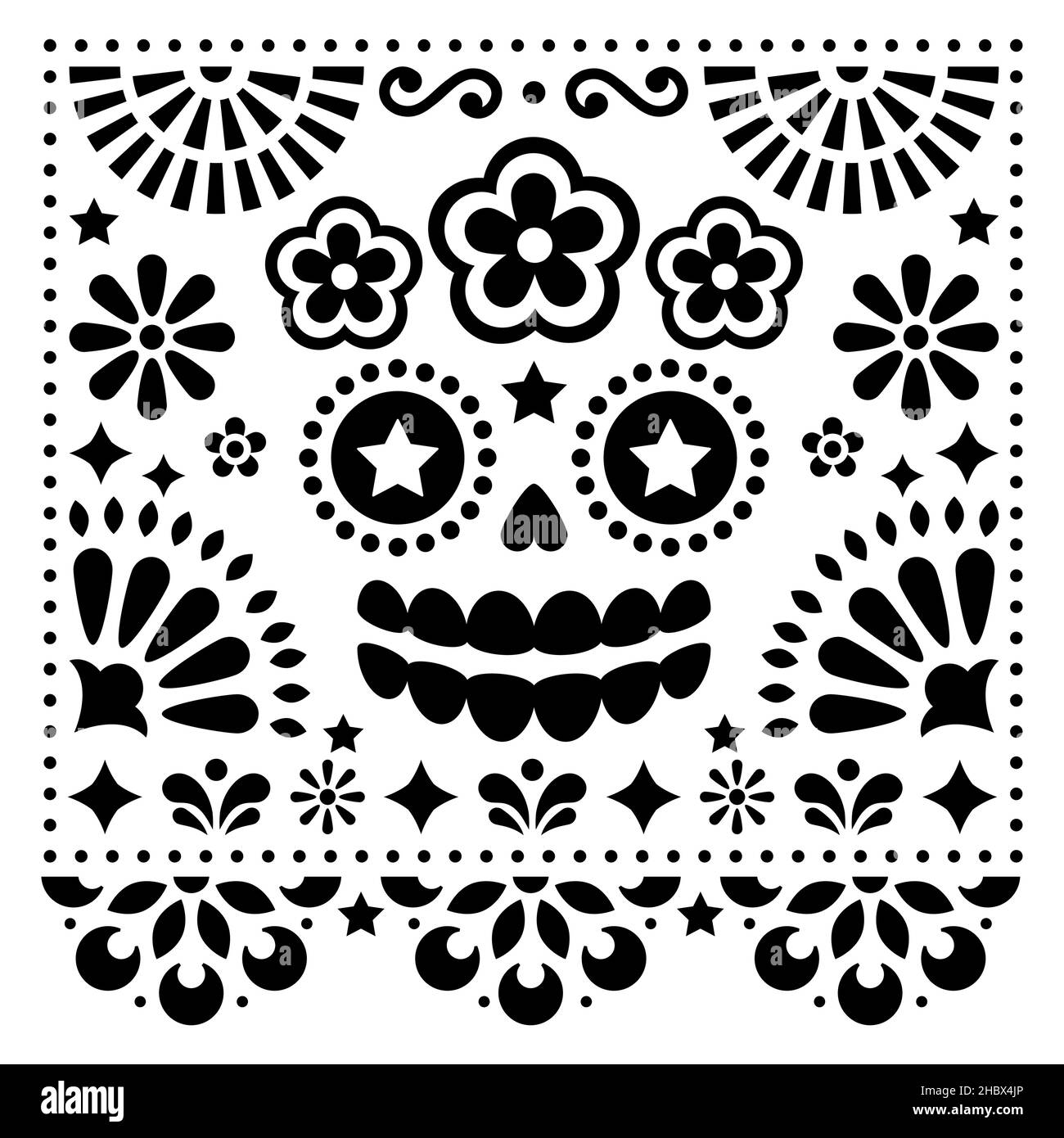 Mexican folk art vector folk art design with sugar skull and flowers, Halloween and Day of the Dead black pattern on white background - greeting card Stock Vector