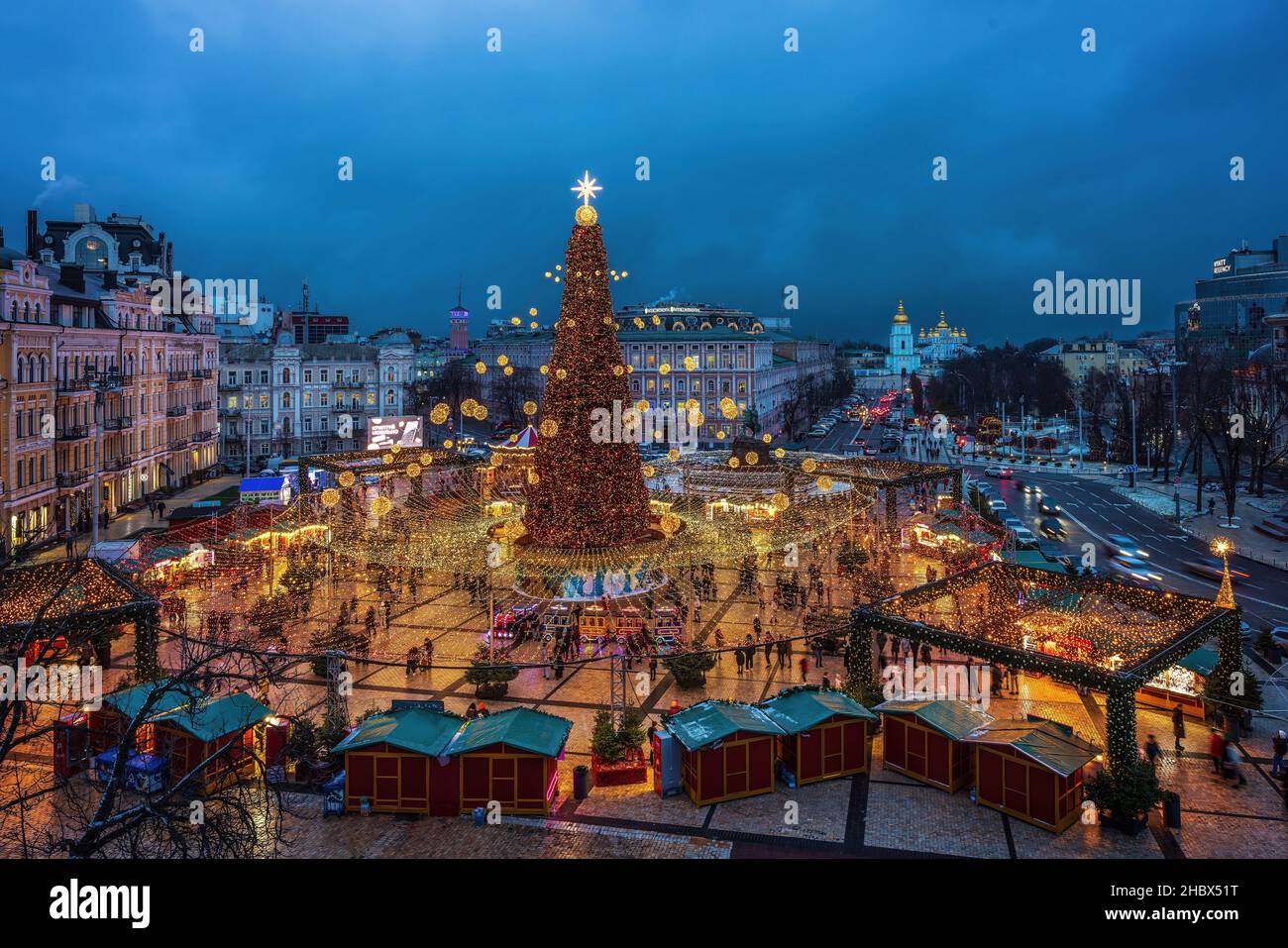 Celebration of Christmas and New Year 2021 in styles of Fabulous Forest with Christmas tree of 31 meters at the St.Sophia Square Stock Photo