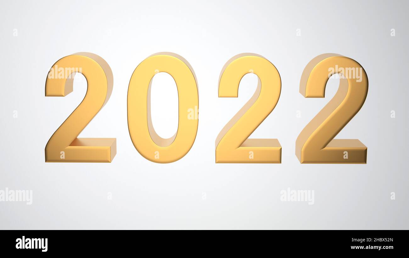 Happy New Year 2022. Golden metallic numbers text white background . 3D Illustration Stock Photo