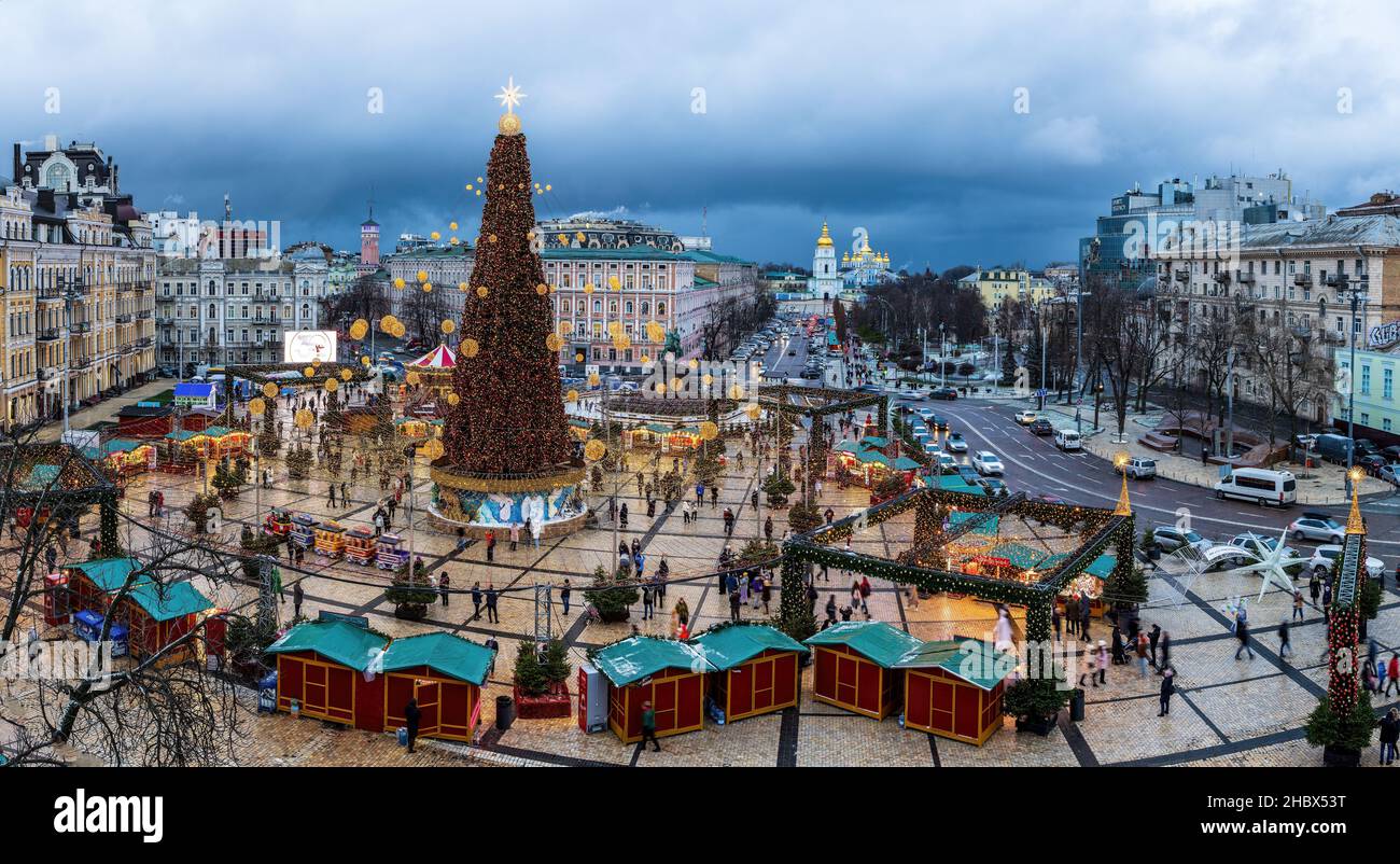 Celebration of Christmas and New Year 2021 in styles of Fabulous Forest with Christmas tree of 31 meters at the St.Sophia Square Stock Photo