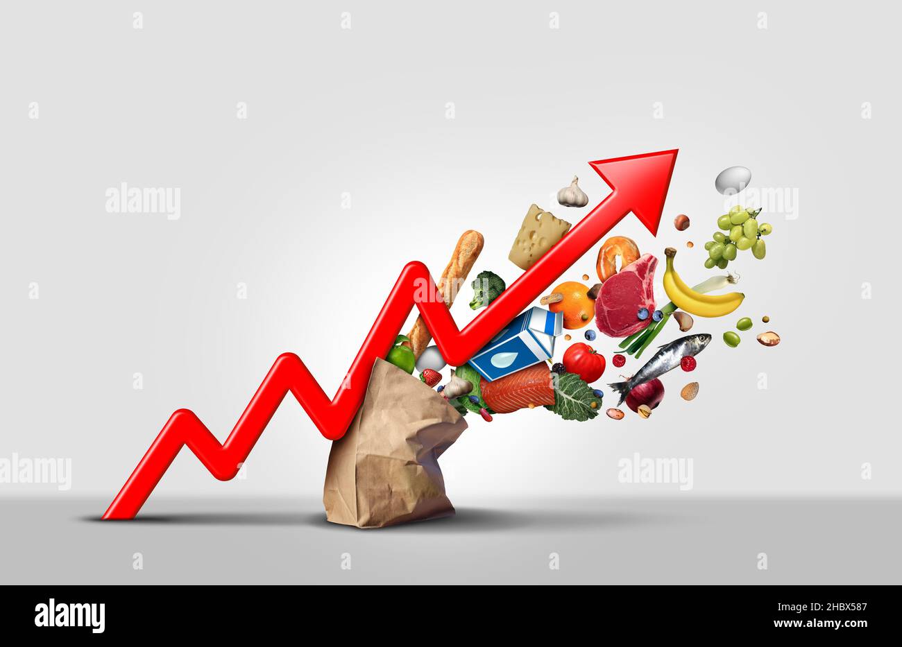 Rising food cost and grocery prices surging costs of supermarket groceries as an inflation financial crisis concept coming out of a paper bag. Stock Photo