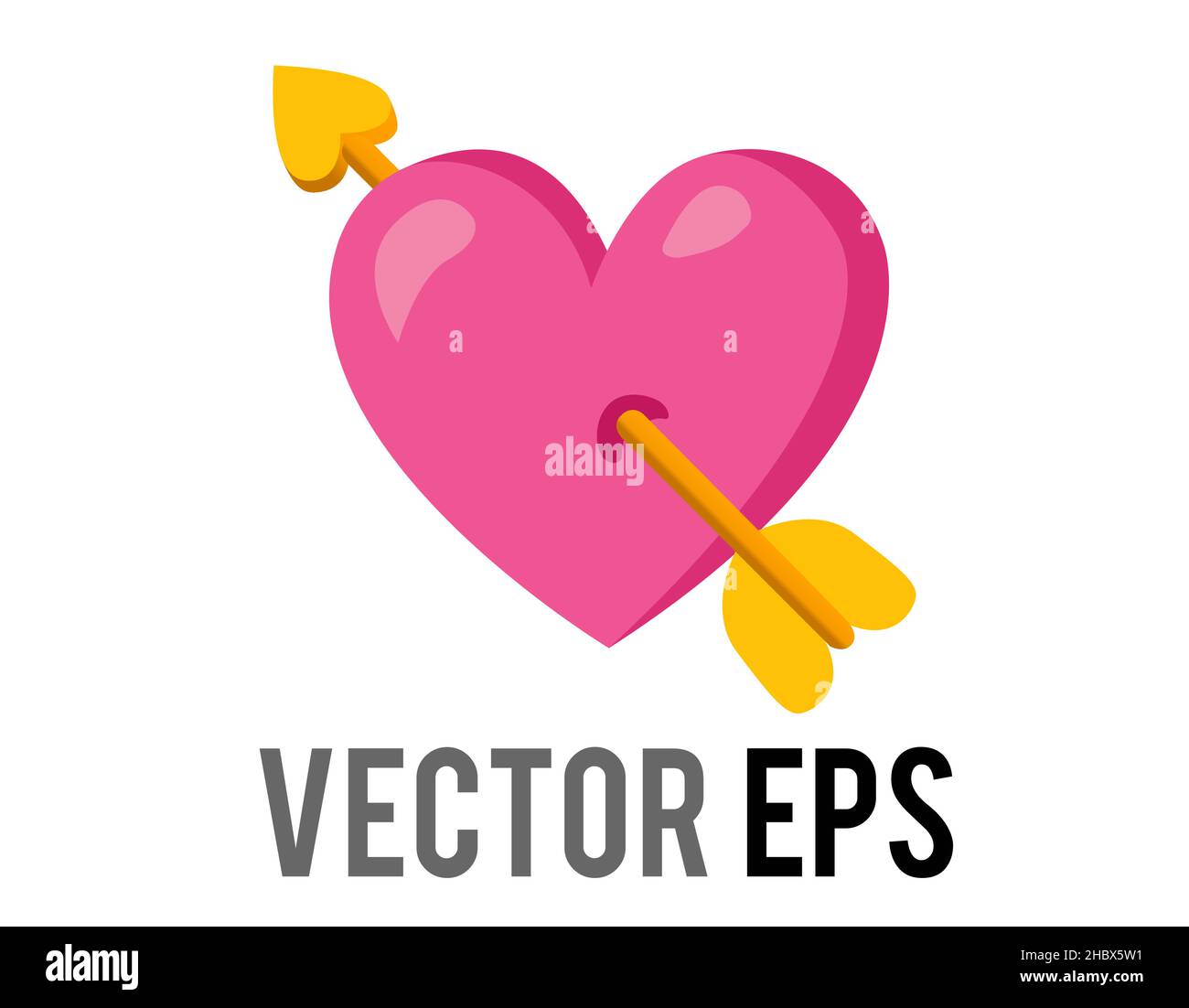 The isolated vector shocking pink heart icon with yellow love cupid arrow Stock Vector