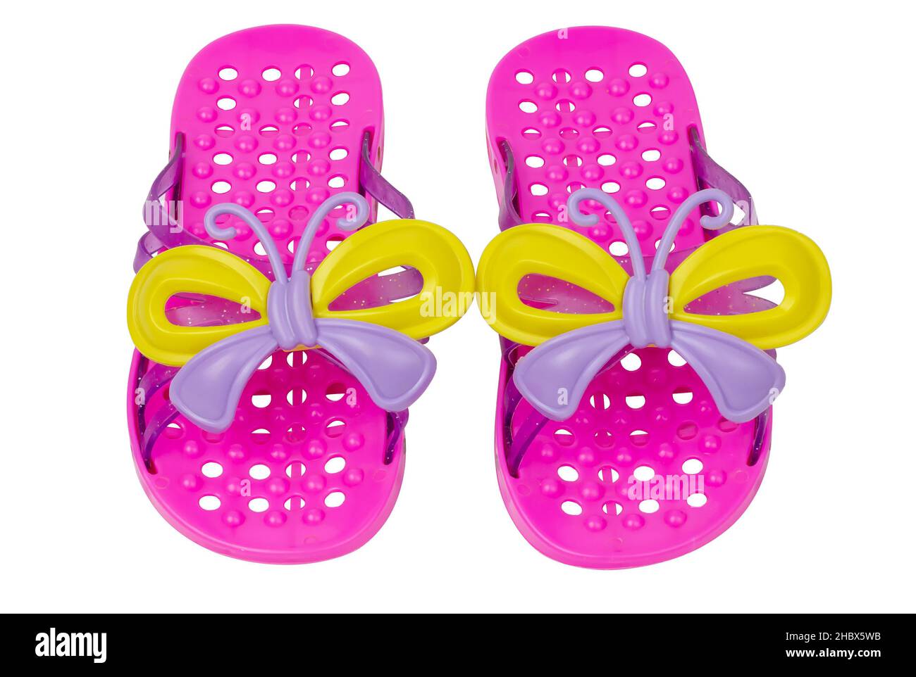 Children's slippers on a white background. Pink slippers Stock Photo
