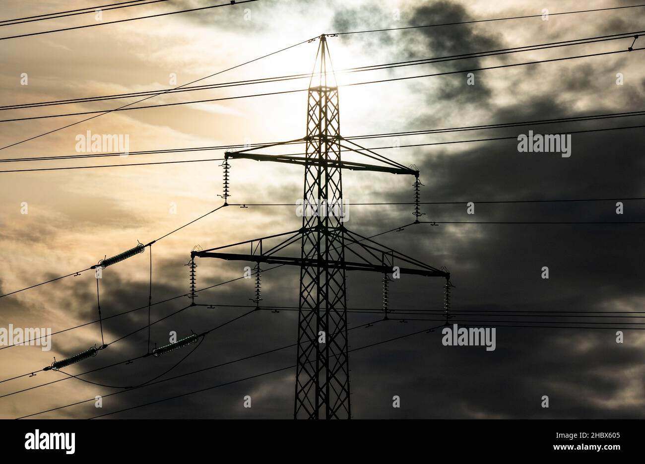 Overhead power lines. Electric power transmission. Electrical energy Photo: Johan Nilsson / TT / code 50090 Stock Photo