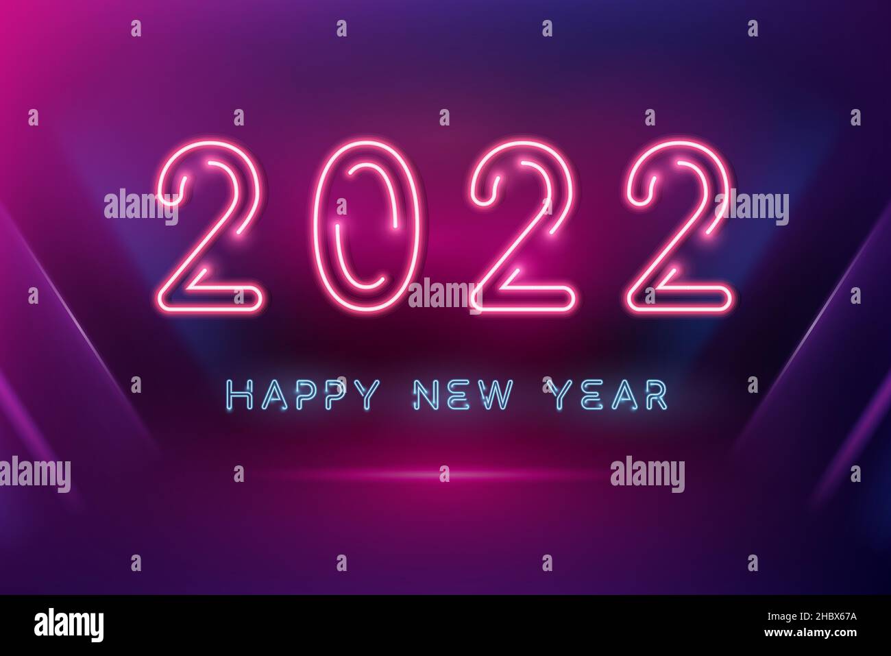 2022 happy new year glowing neon light texts on dark futuristic purple background Stock Vector