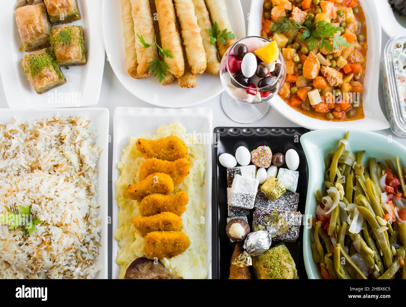 Traditional Turkish Feast,Table with foods of Turkish cuisine.Conceptual image for celebrations:Sacrifice Feast or Sugar Feast Stock Photo