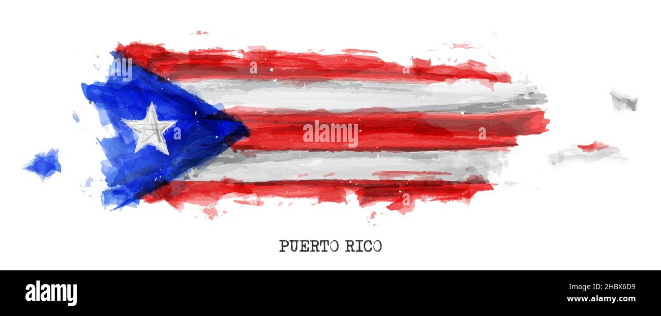 Puerto rico flag and map watercolor painting design . Realistic drawing country shape . White isolated background . Vector . Stock Vector