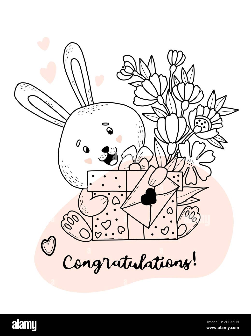 Cute bunny with bouquet of flowers, big gift and letter. Vector illustration. Postcard of hand drawn linear doodles. Funny animal for design and Stock Vector