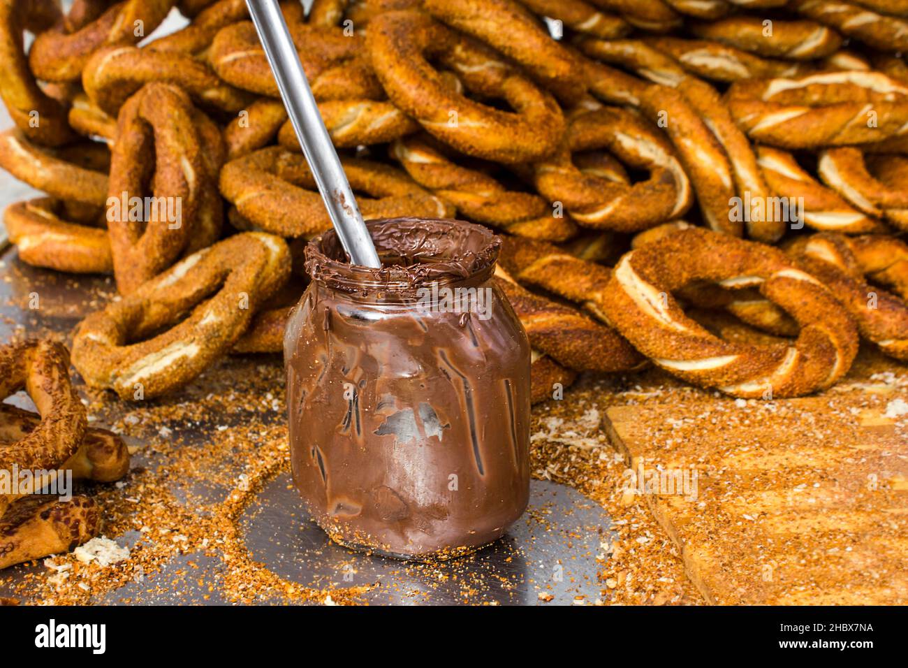 Traditional Turkish,crispy sesame bagels,simit heap,background with ...