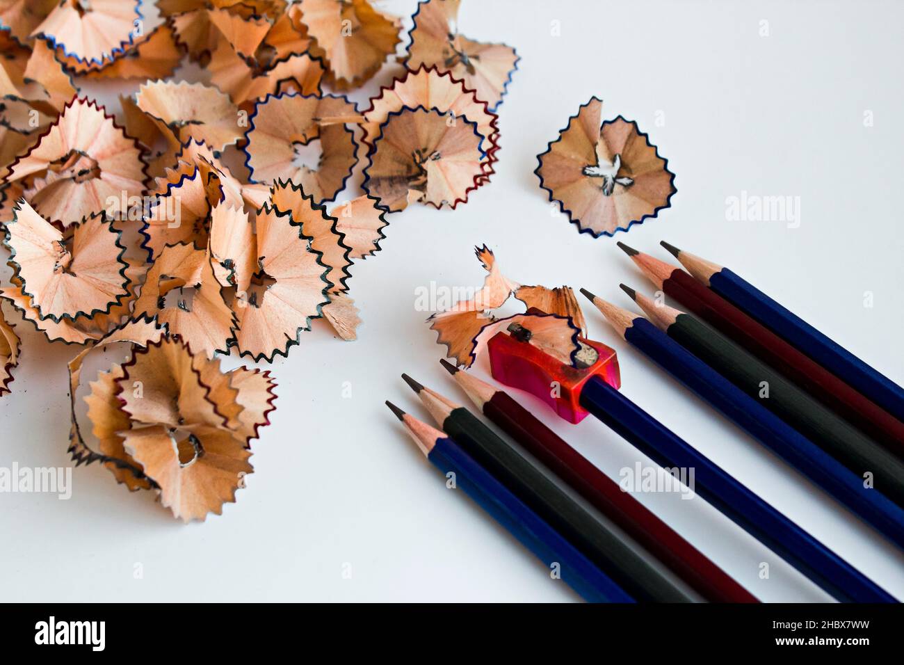 Toxic waste of lead pencils should be careful with kids and pets.Conceptual image of education. Stock Photo