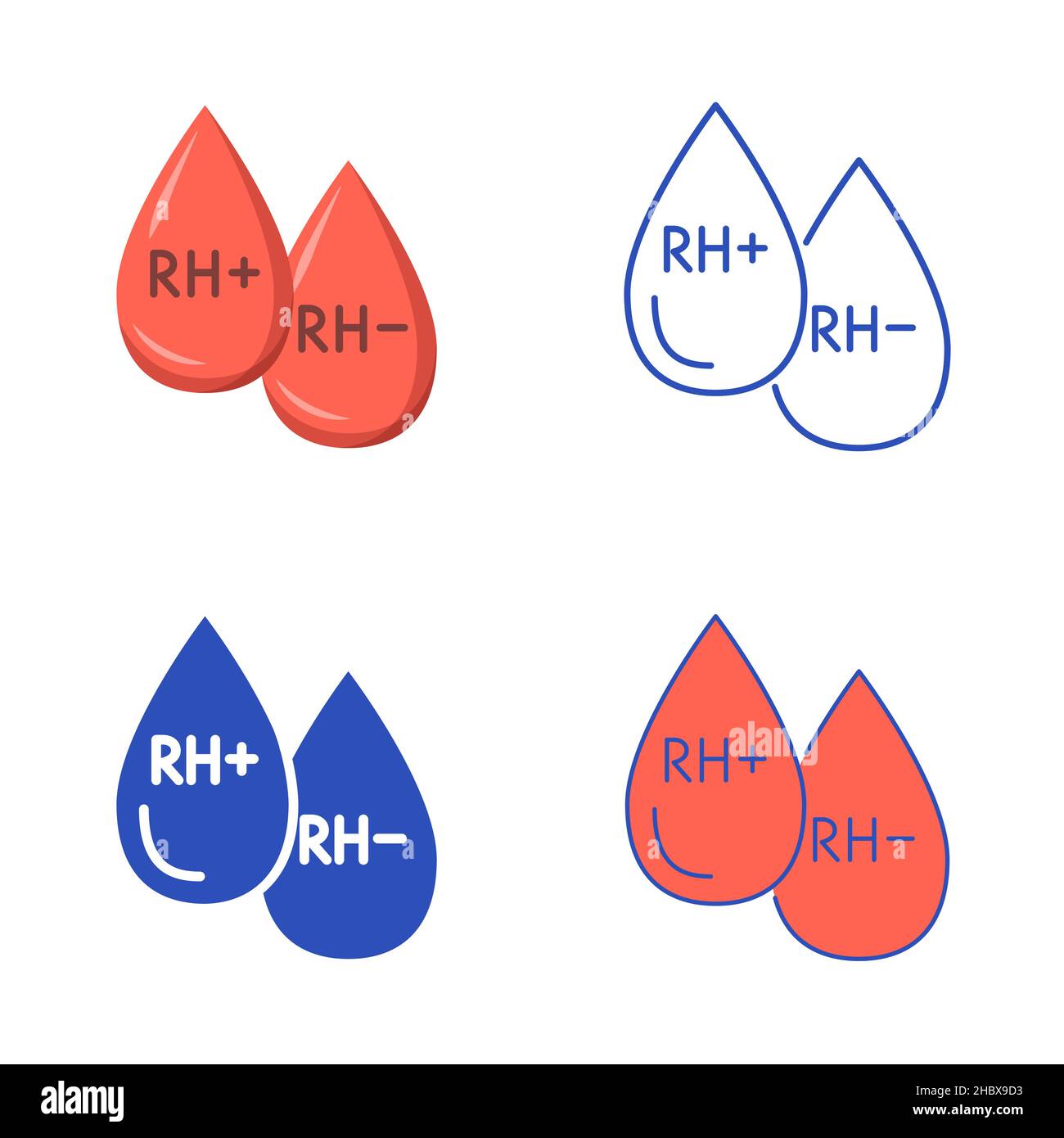 Rh factor icon set in flat and line style. Drops of blood with text