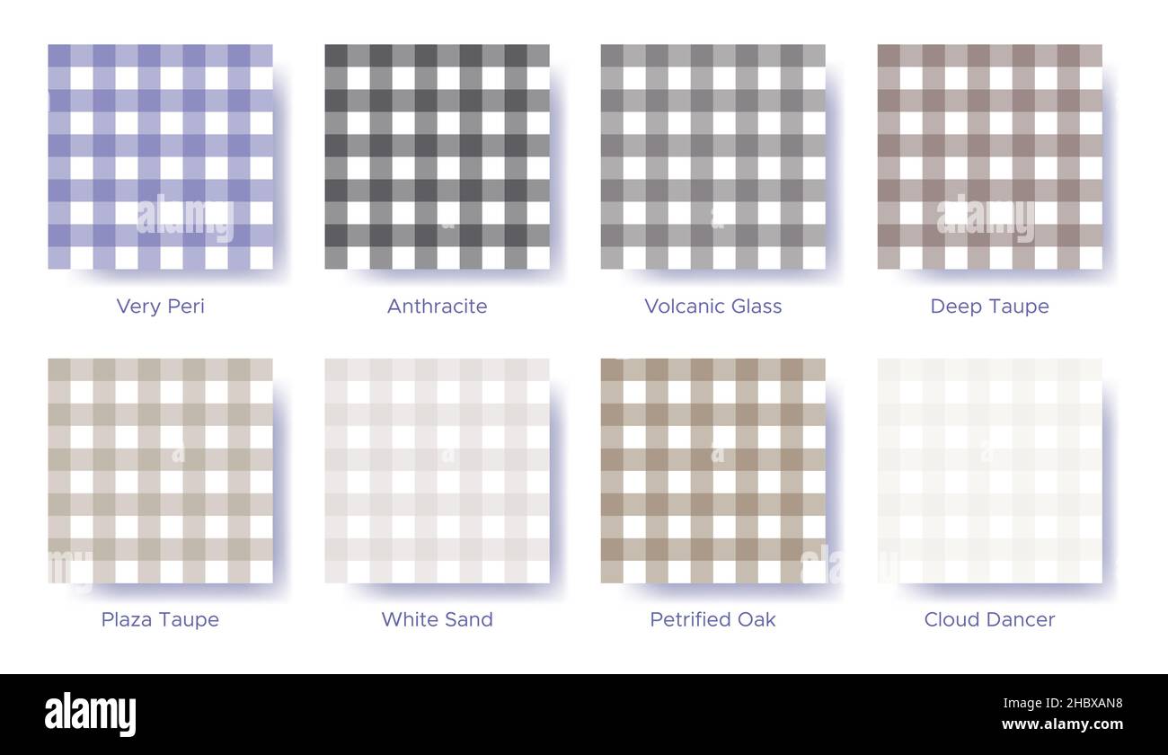 Gingham seamless pattern set in the color of 2022 Very Peri. Sample color guide palette catalog of swatches. Matching shades for fashion trends - vich Stock Vector