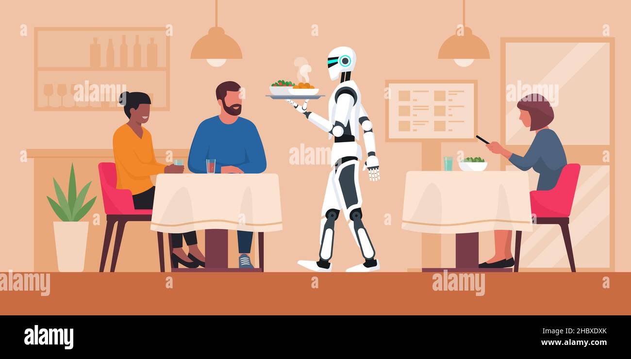 AI robot serving food in the restaurant and happy customers, robotic waiter system concept Stock Vector