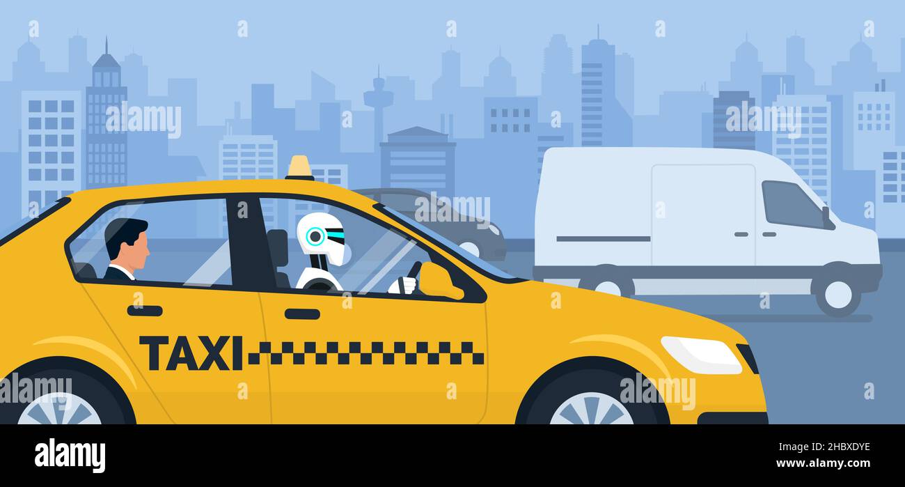 AI robot driving a taxi in the city street and passenger sitting in the back seat of the car Stock Vector