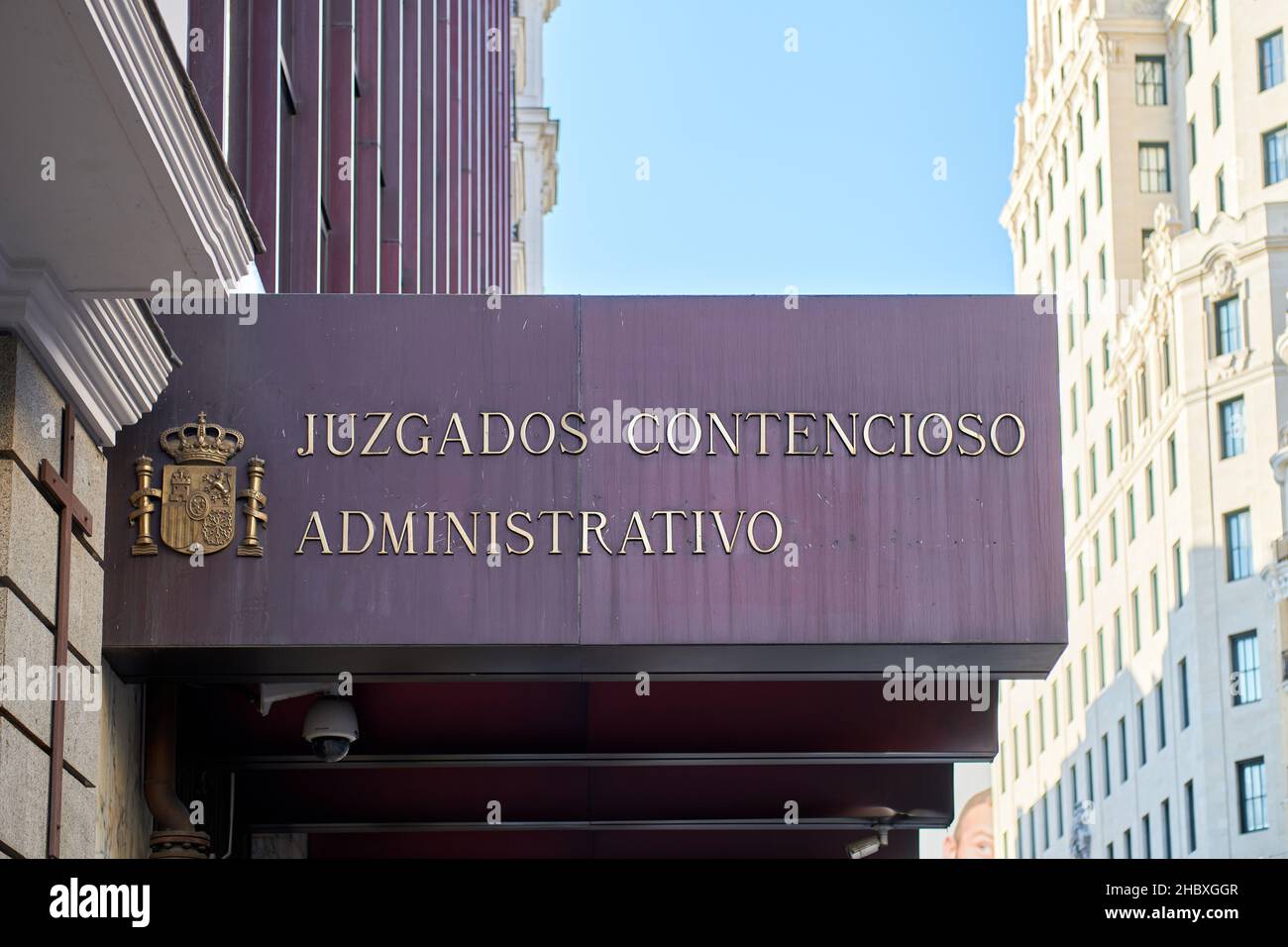 Close-up of the sign of the contentious-administrative courts of Madrid (Juzgados de lo Contencioso - Administrativo) in Calle Gran Via, 19, Madrid. Stock Photo