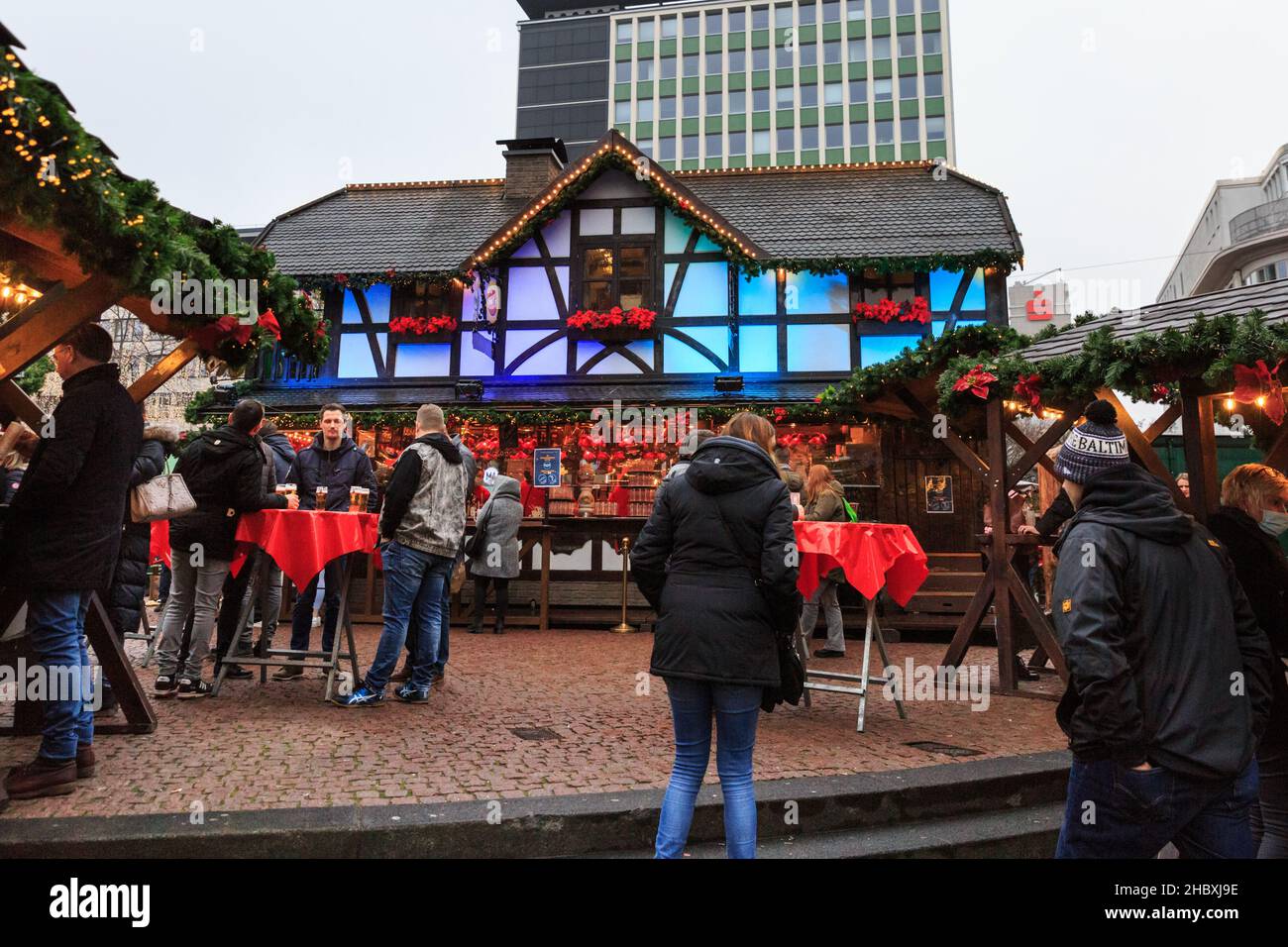 Mulled wine, food and drinks hut, typical German stall at Essen Christmas Market, NRW, Germany Stock Photo