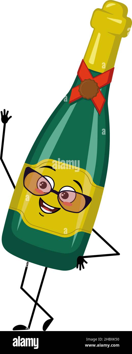 Bottle of sparkling wine character with happy emotions, face, smile
