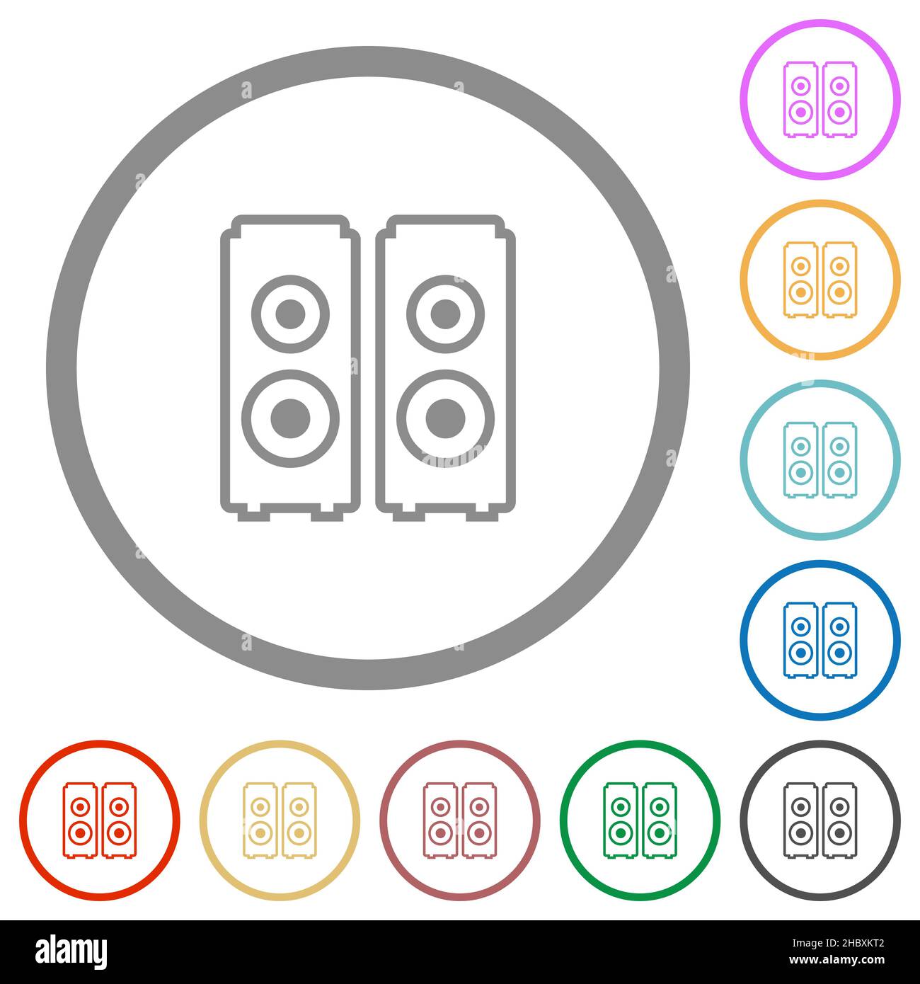 Speakers outline flat color icons in round outlines on white background