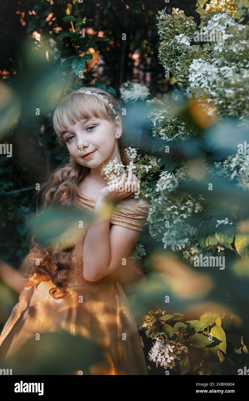 beautiful 11-year-old girl with long blonde hair in a thicket of hydrangeas. the image of a charming little princess. girl looks into the lens. Stock Photo