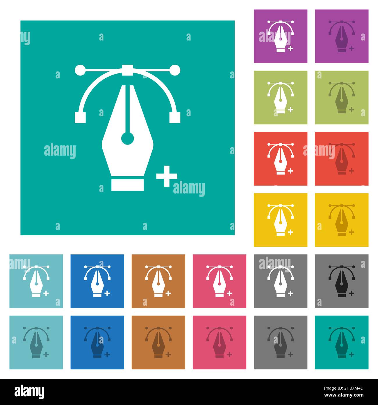 Adding editing point with pen tool multi colored flat icons on plain square backgrounds. Included white and darker icon variations for hover or active Stock Vector