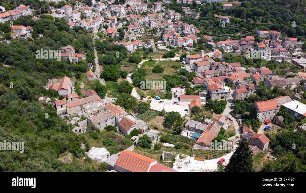 Lastovo otok island village, aerial photography of historic town within a Croatian national park, Croatia Stock Photo