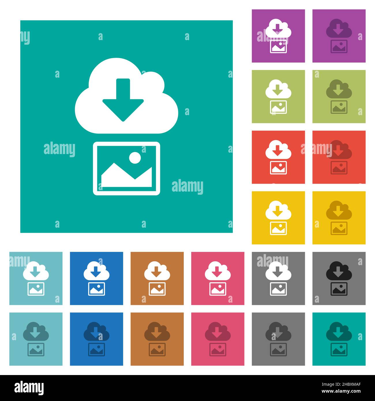 Download image from cloud solid multi colored flat icons on plain square backgrounds. Included white and darker icon variations for hover or active ef Stock Vector