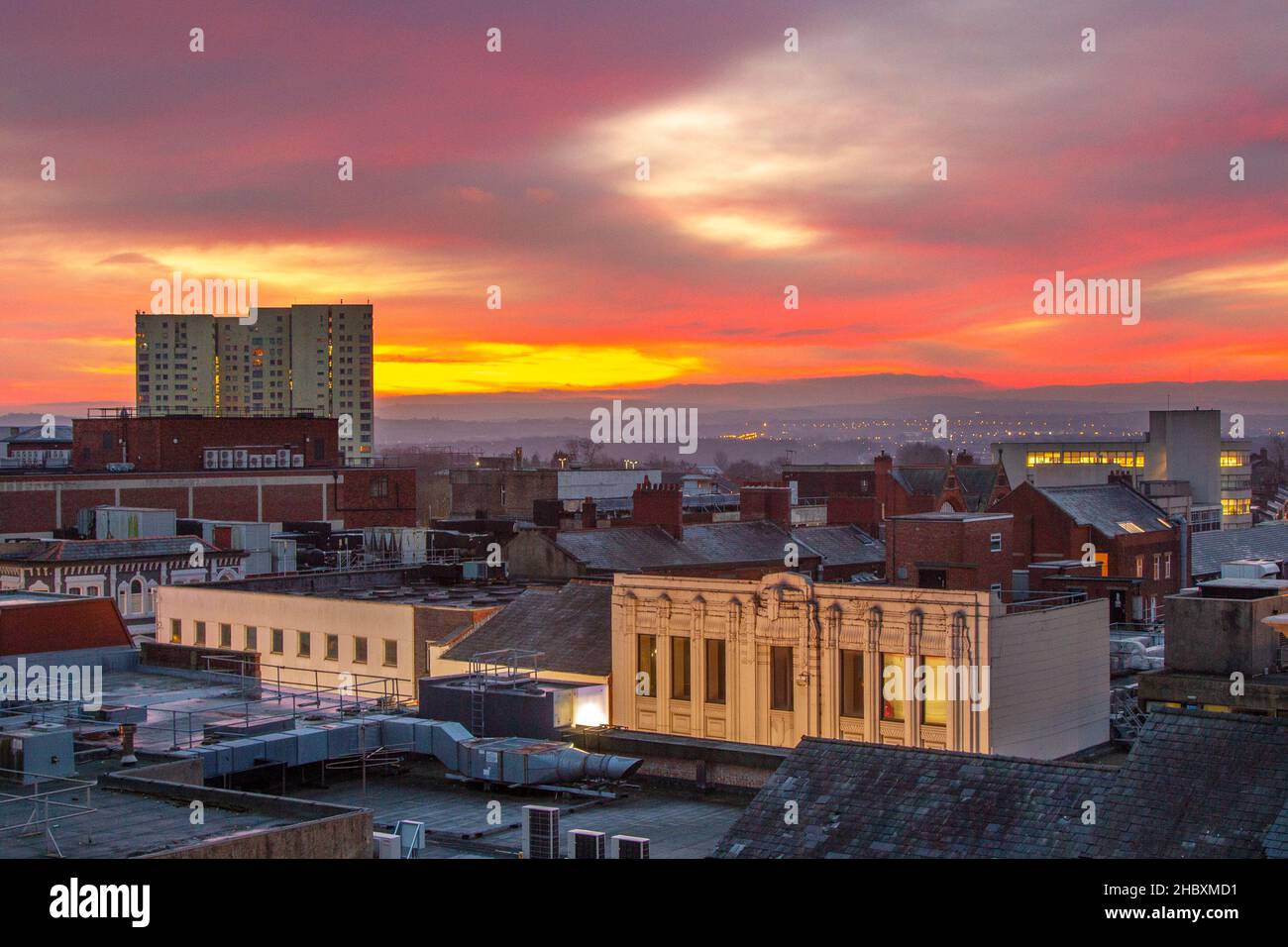 Preston, Lancashire. UK Weather 22 Dec 2021. The skyline of Preston