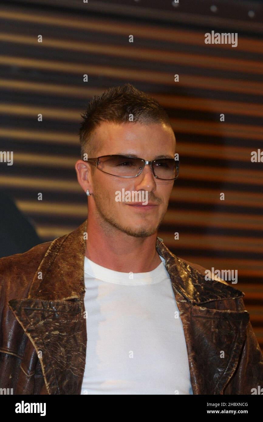 David Beckham launches the new range of POLICE sunglasses on 7/2/02 at  Riverside Studios, Hammersmith, London, UK Stock Photo - Alamy