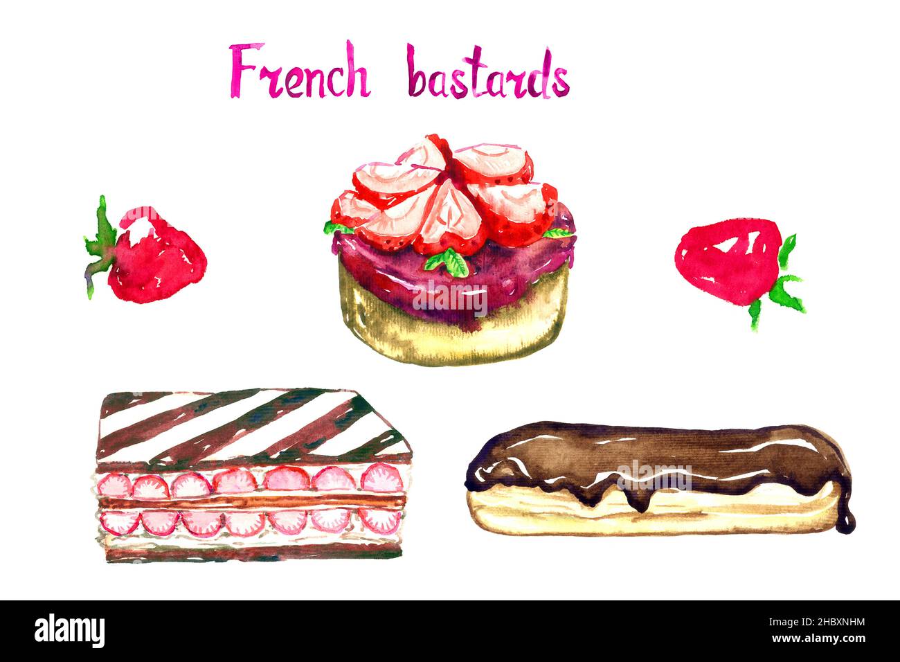 French bastards collection, tartelette with strawberries, Strawberry millefeuille (Millefeuille fraise), Eclair isolated on white watercolor Stock Photo