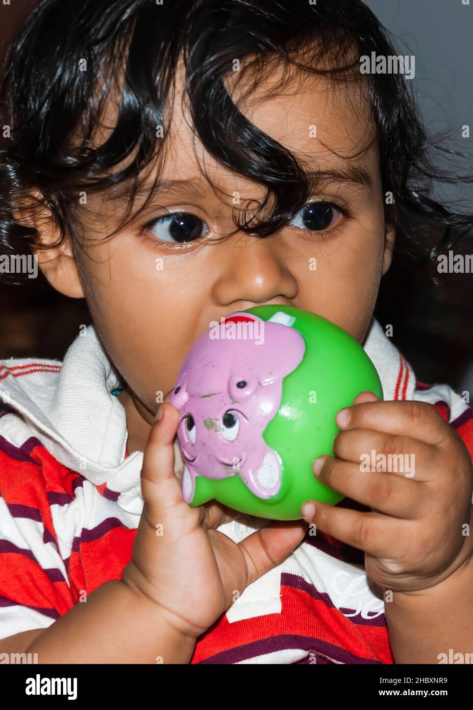 An East Indian baby boy showing signs of teething by chewing on a teething toy or a teether. Stock Photo