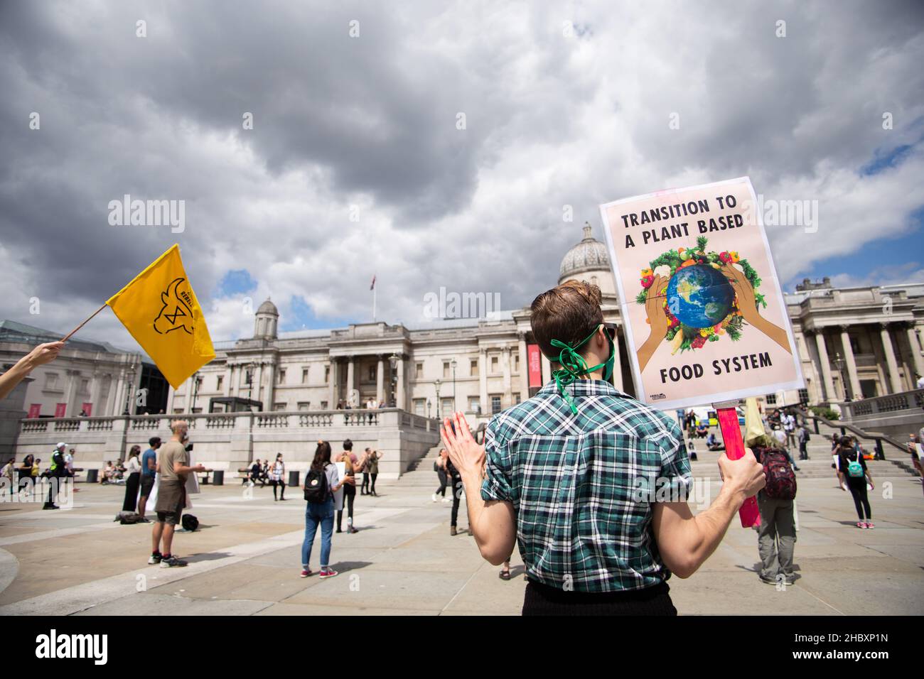 Animal Rebellion activists in Trafalgar Square holding placard Transition to a Plant Based Food System London 2020 Stock Photo