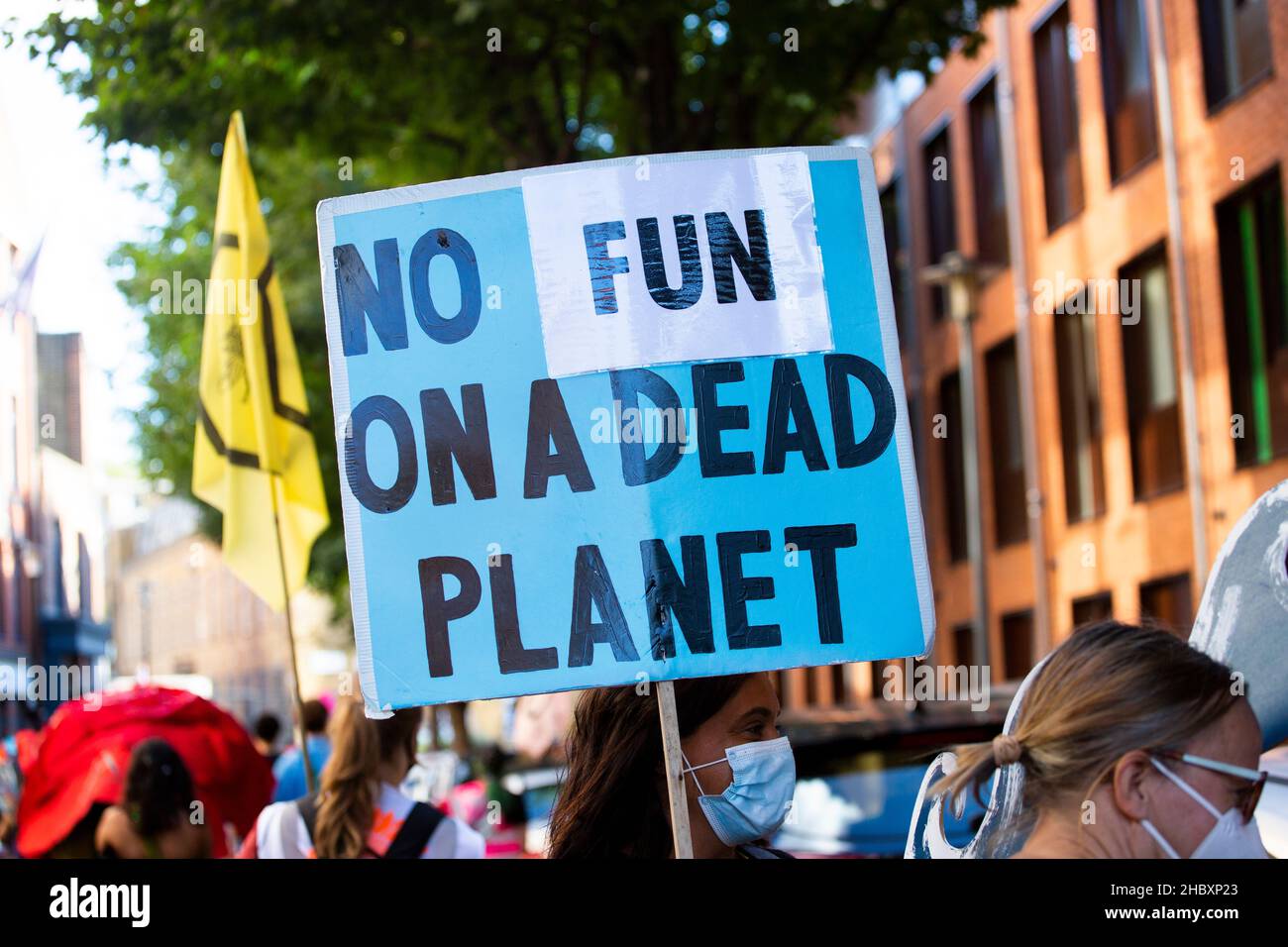 Extinction Rebellion No fun On A Dead Planet placard Ocean protest London 2020 Stock Photo