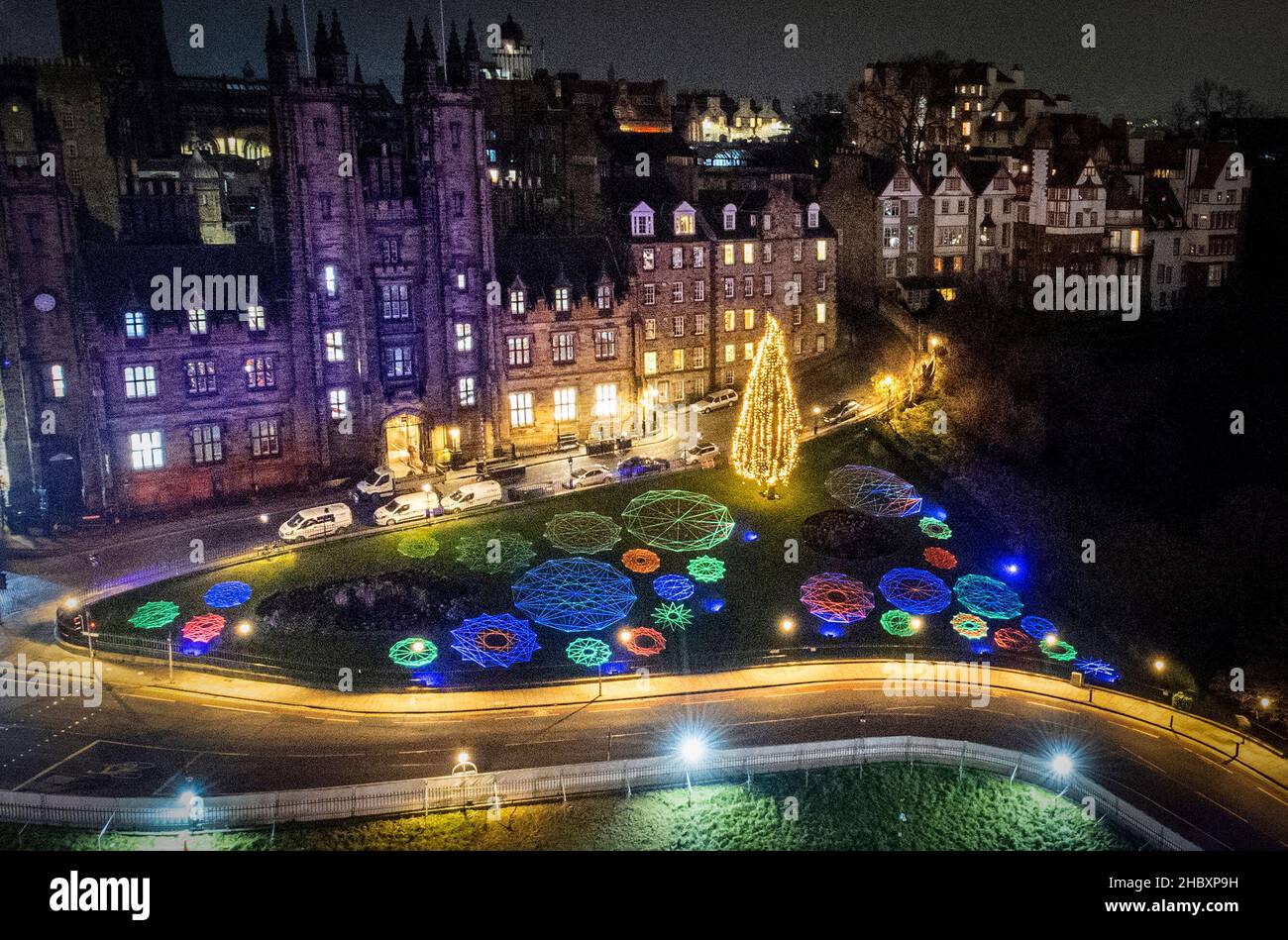 Geometric neon snowflakes, created by artist Hannah Ayre, surround the ...