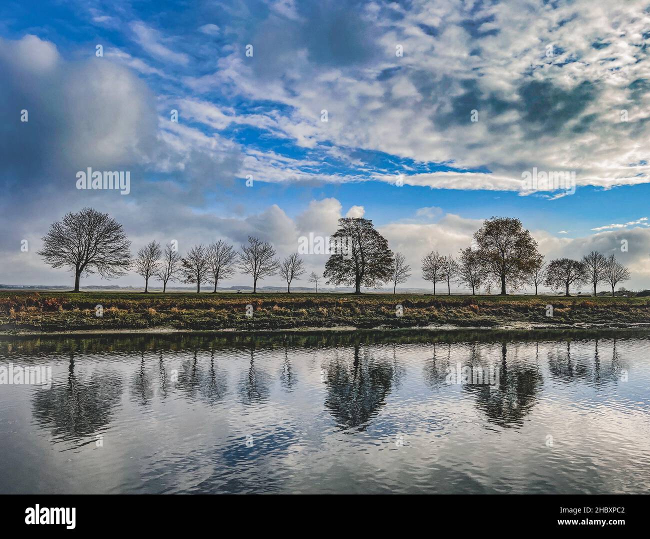 Trees and cloudscape on water reflection, Saint-Valery sur Somme, France Stock Photo