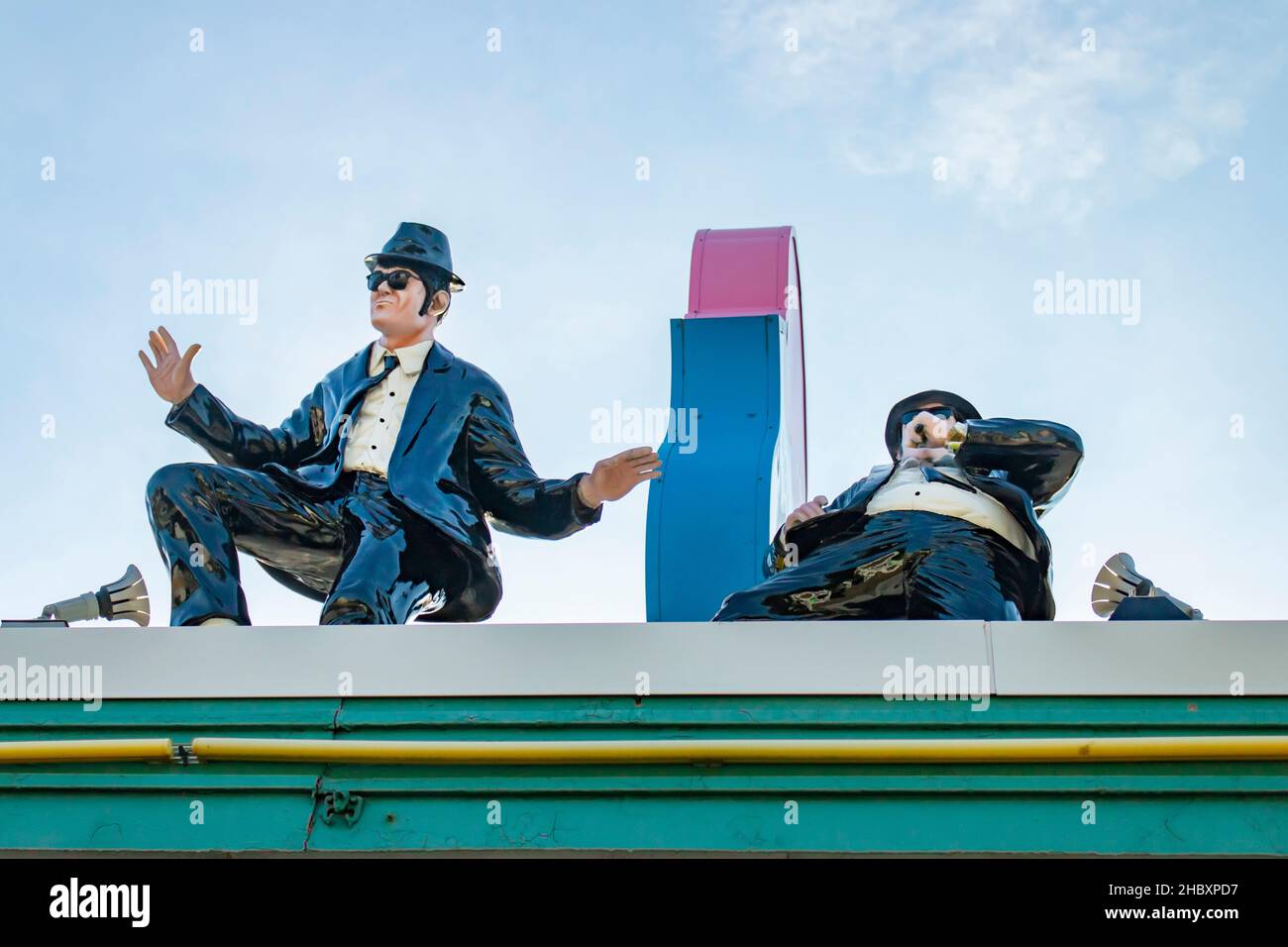 Jake and blues brothers models on top of ice cream parlour  on Route 66 in Joliet Illinois where the blues brothers was partly filmed in Joliet prison Stock Photo