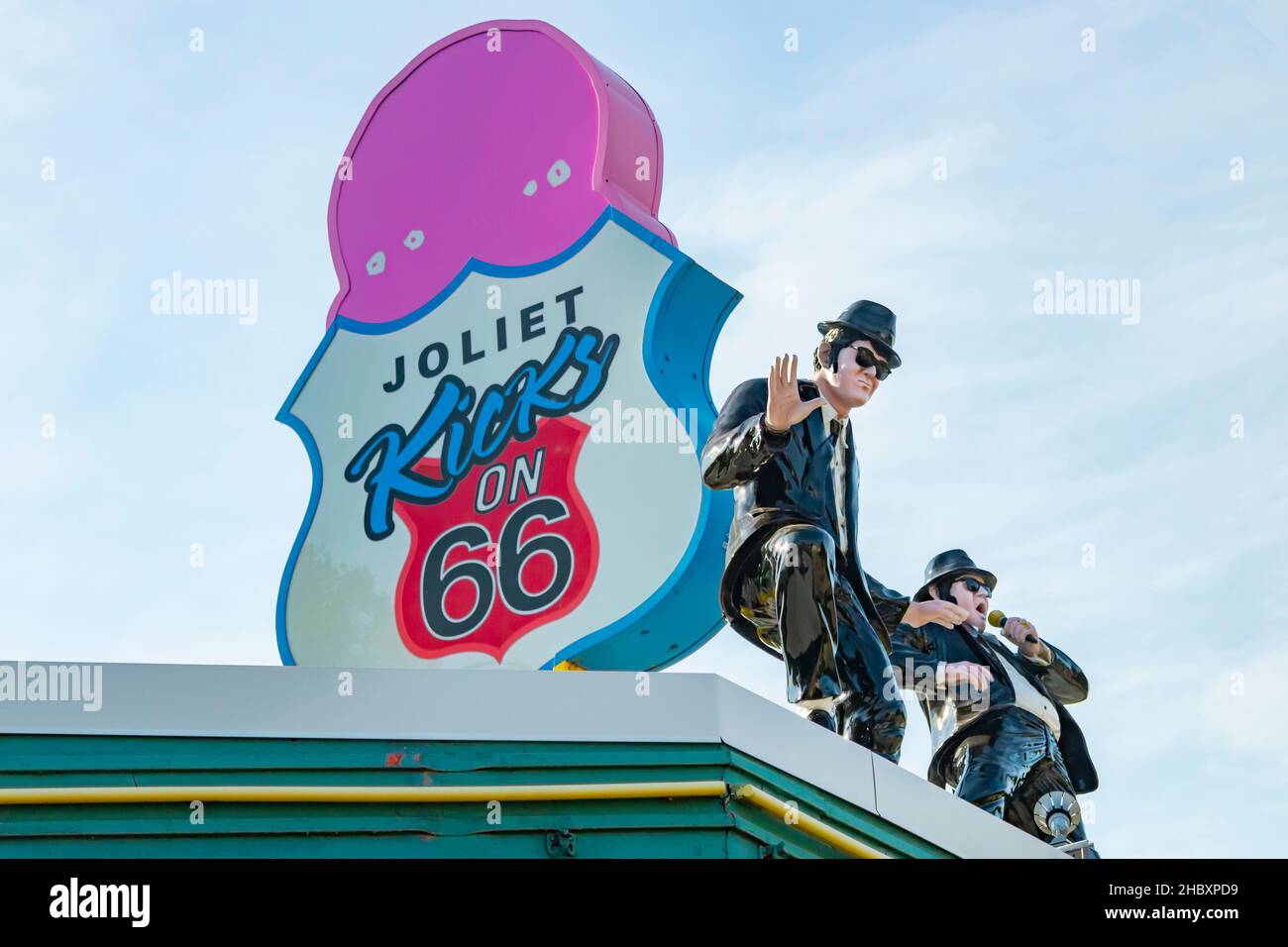 Jake and blues brothers models on top of ice cream parlour  on Route 66 in Joliet Illinois where the blues brothers was partly filmed in Joliet prison Stock Photo