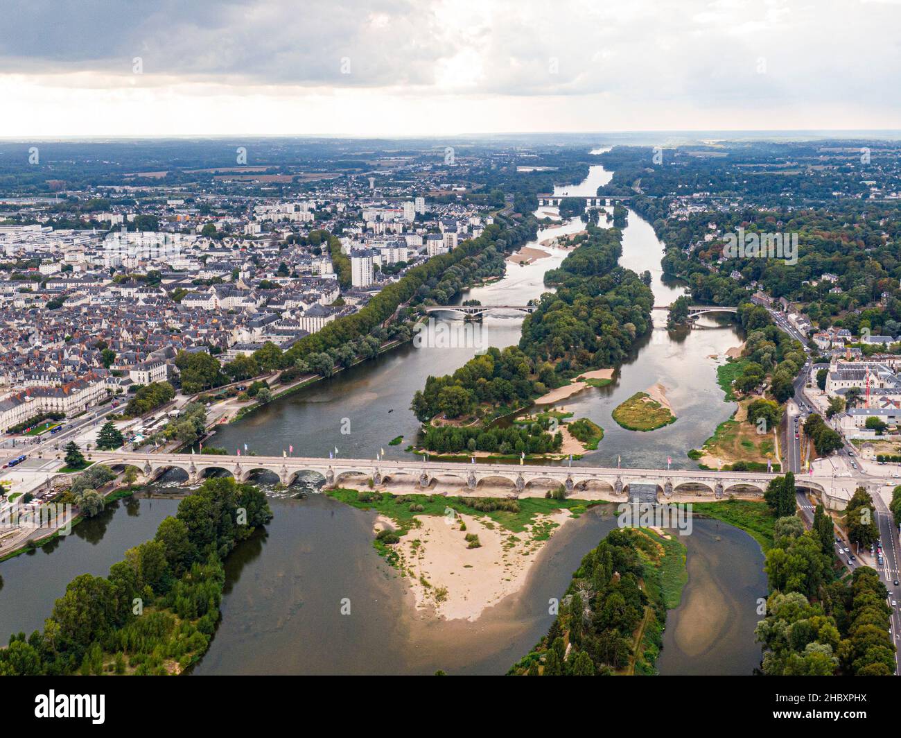 Aerial view of Tours, Bridge Napoleon, bridge Wilson crossing the river Loire, Val-de-Loire, France Stock Photo