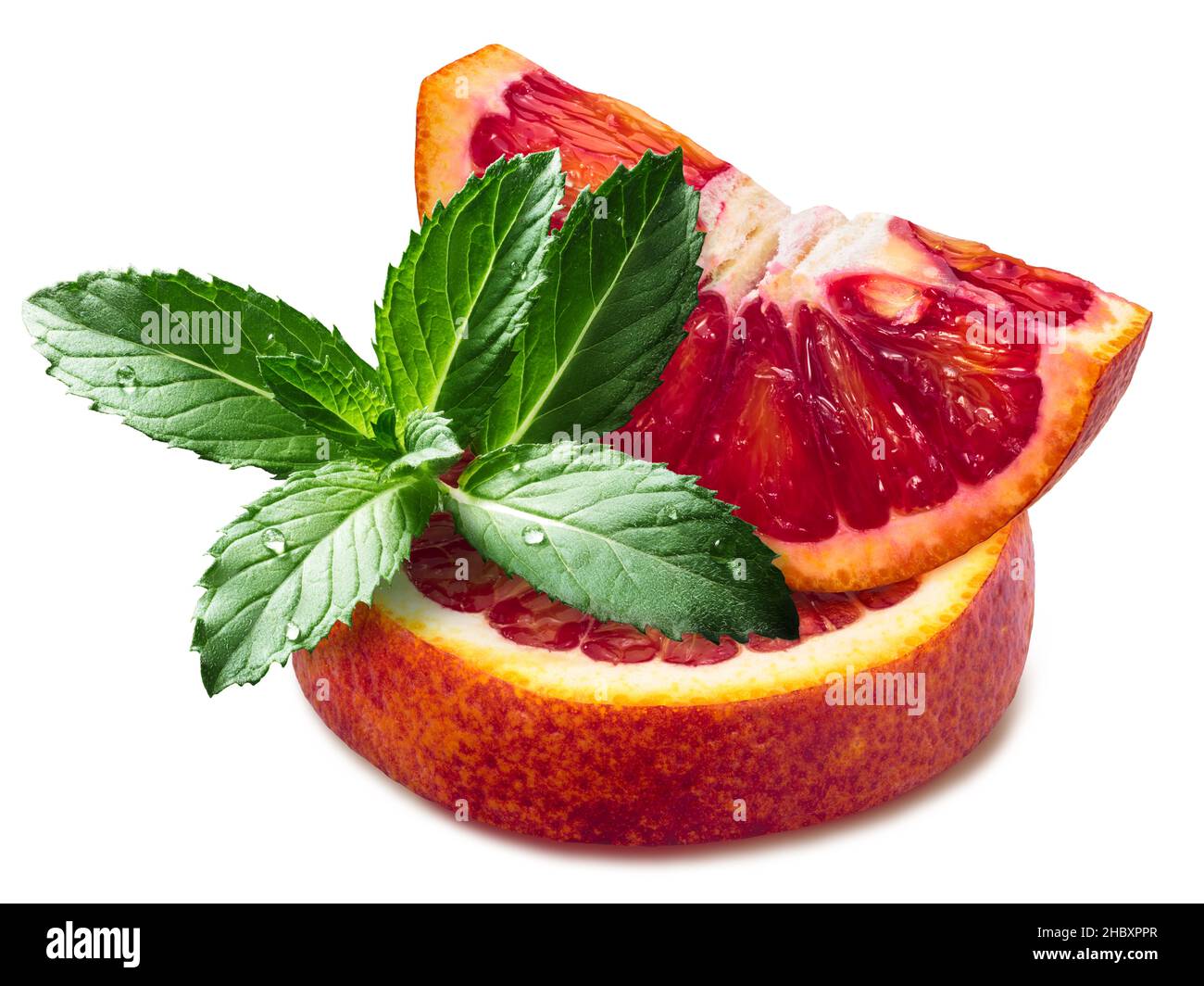 Blood orange slices with fresh spearmint leaves isolated Stock Photo