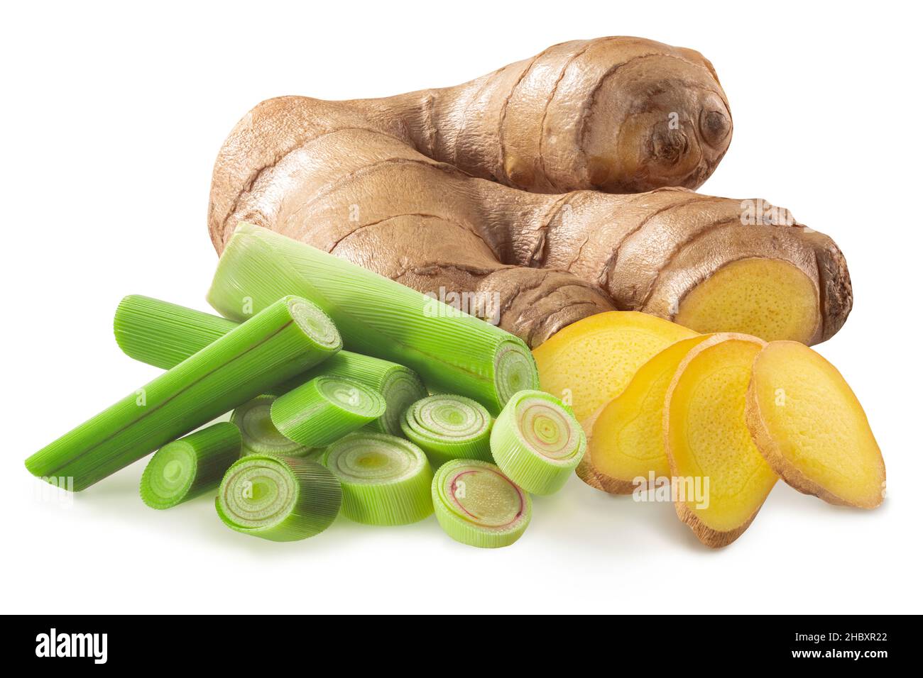 Ginger root with fresh cut lemongrass, isolated Stock Photo